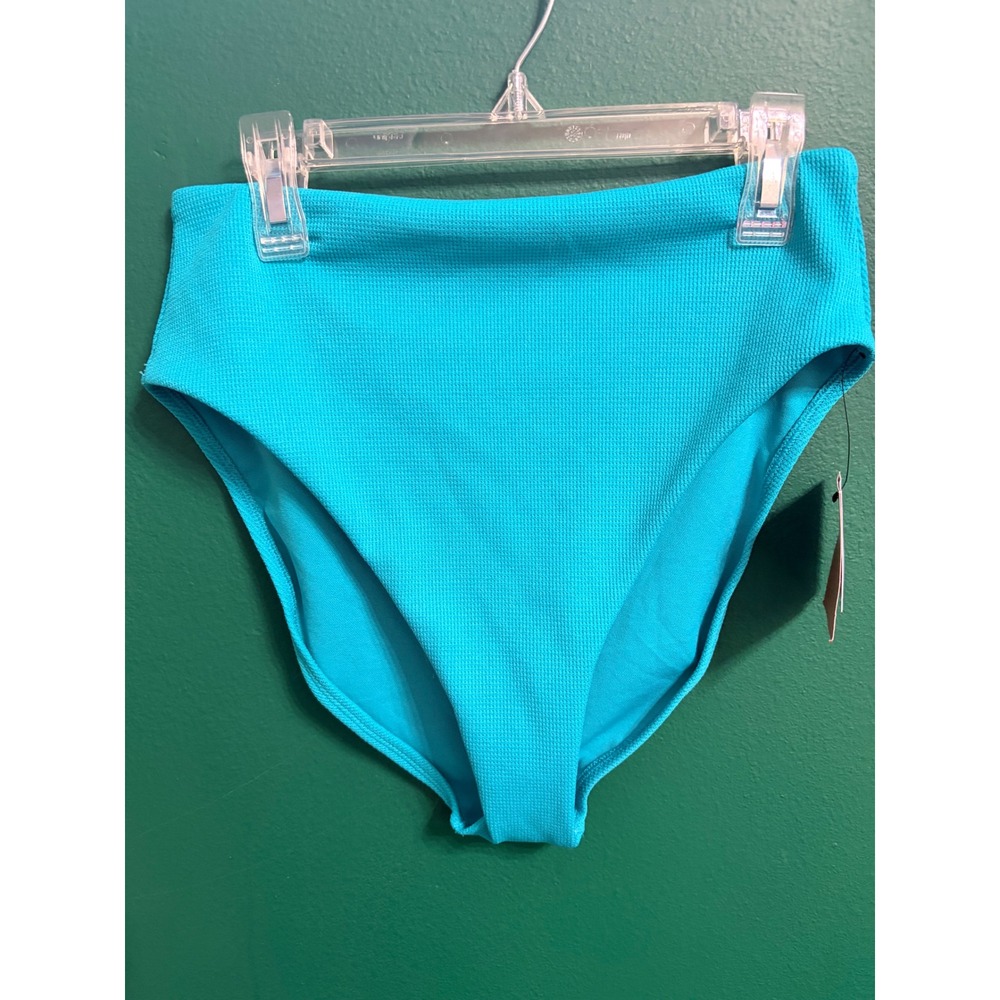 Shade & Shore Teal Blue Textured High Waist Leg Swim Bikini Bottoms Medium NWT
